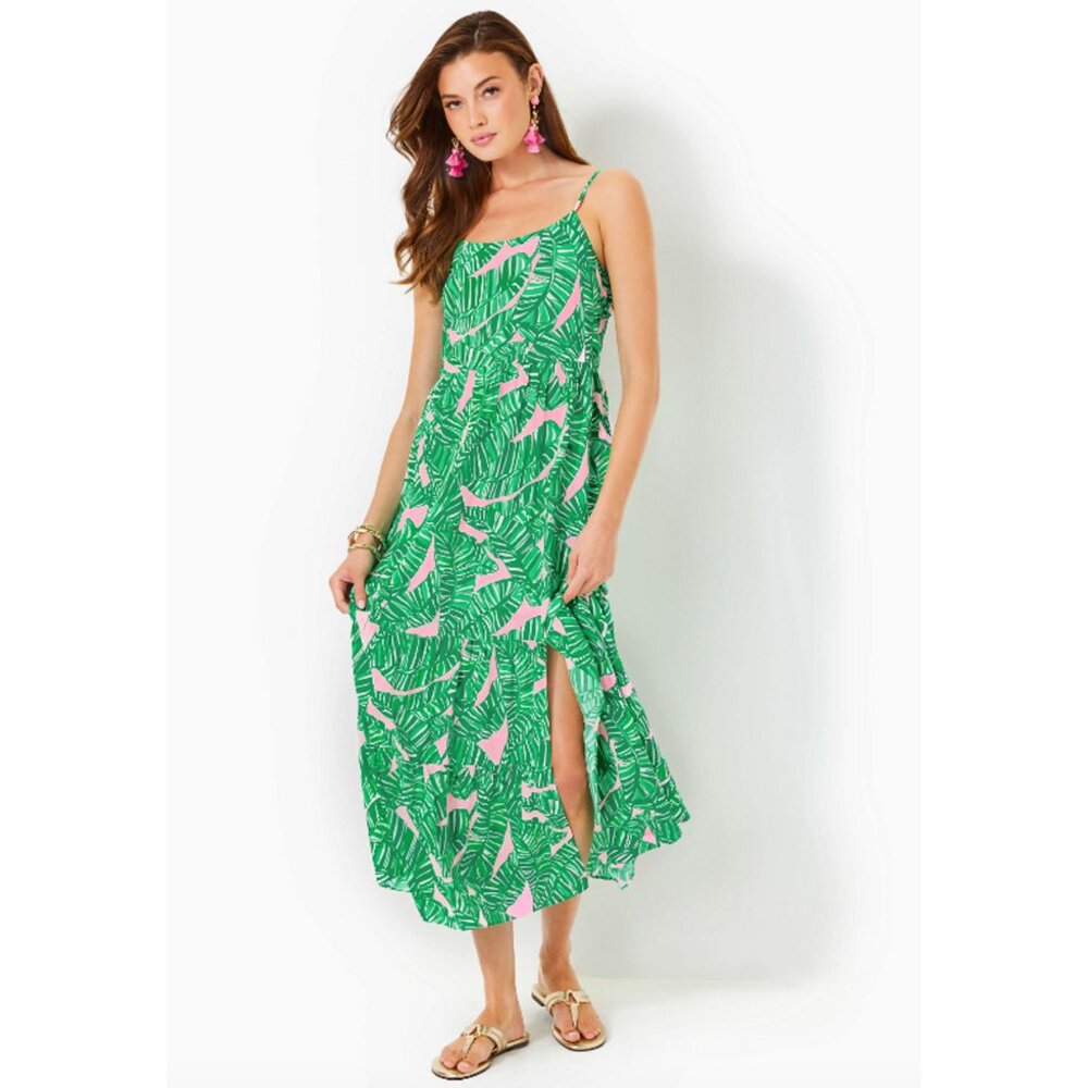 NEW NWT Lilly Pulitzer Teresa Printed Maxi Dress sz L Palm Leaf Pink Green Large